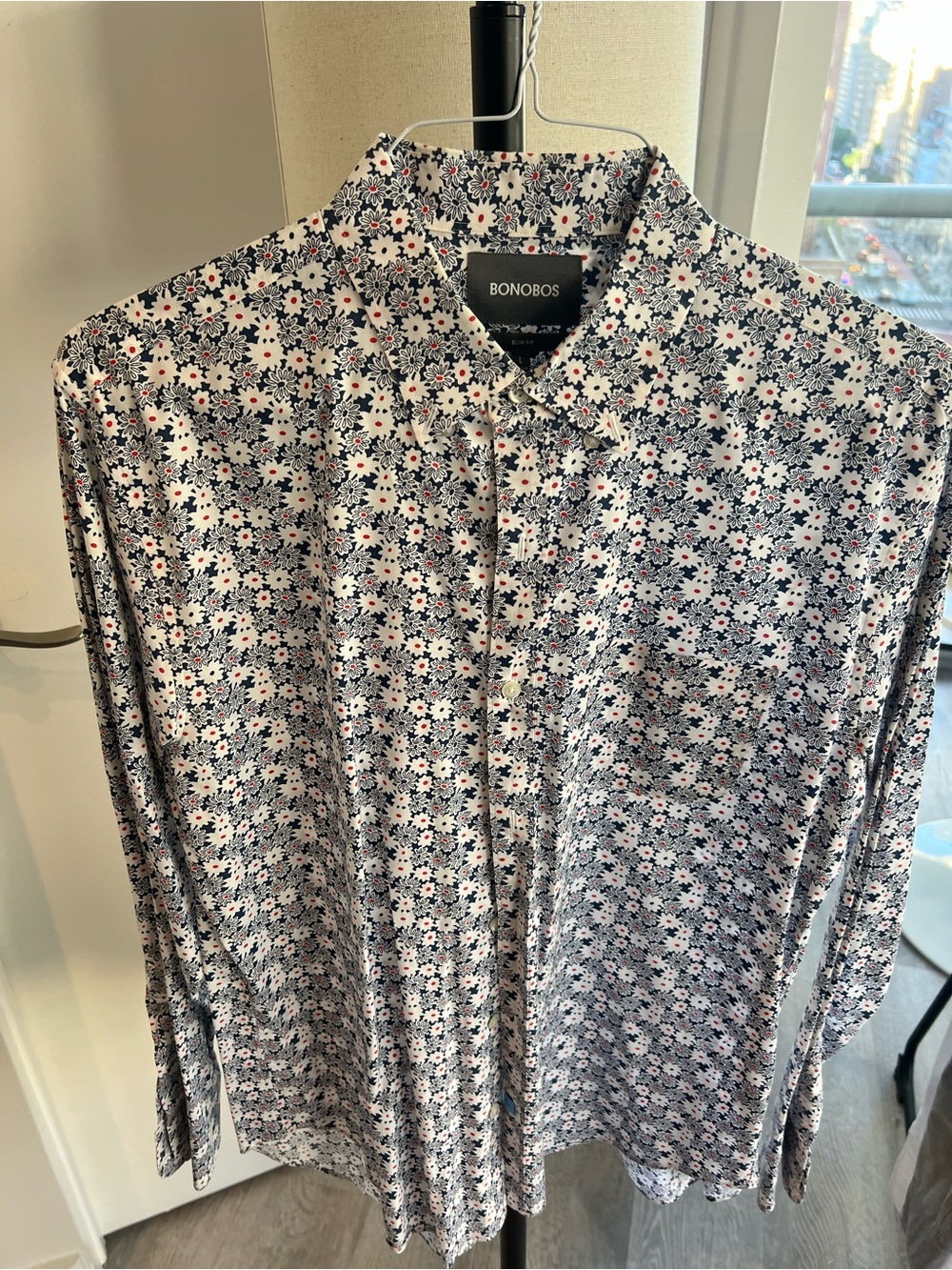 Bonobos White Button-Down Shirt with Navy and Red Floral Print